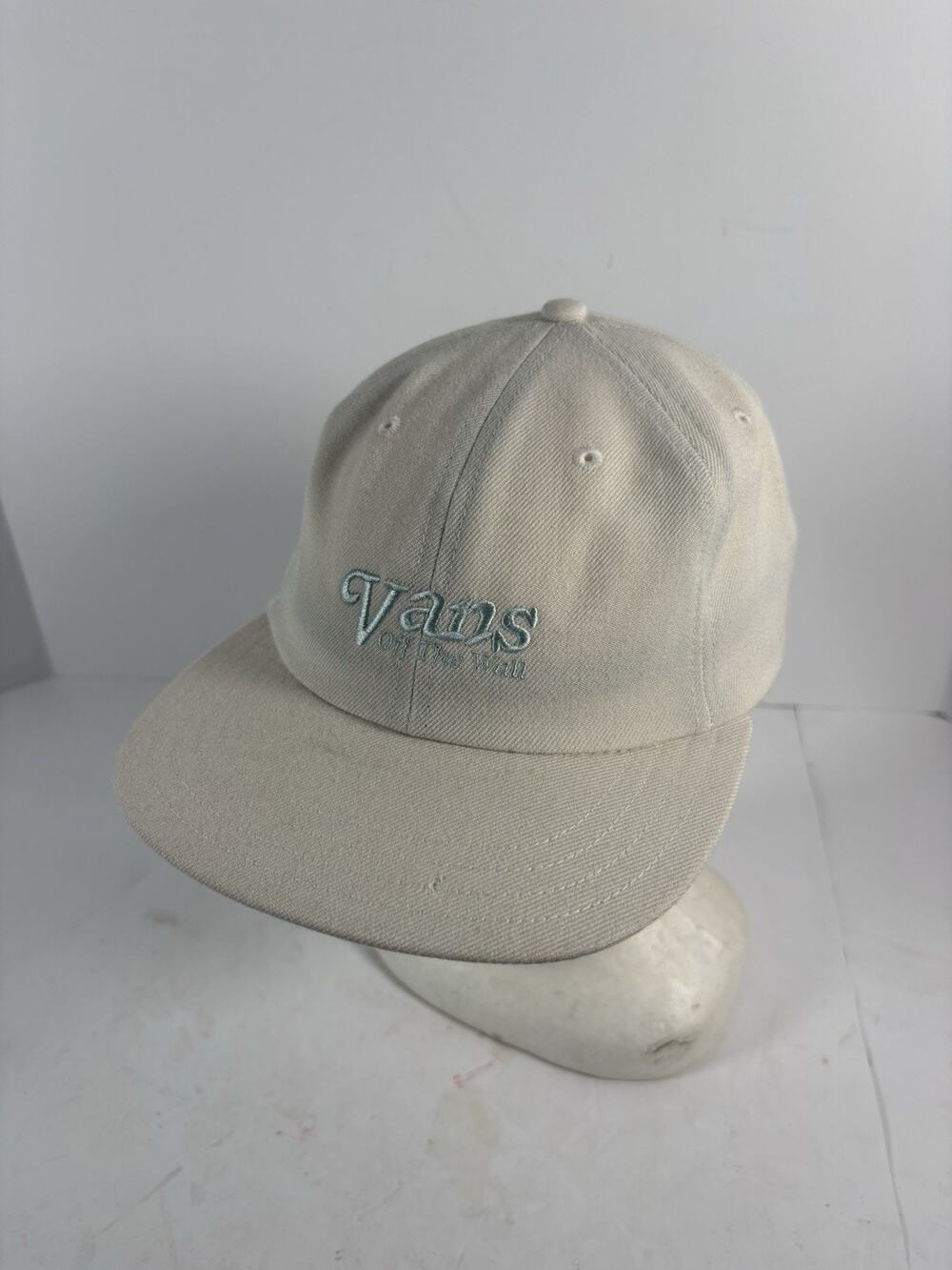 Vans Off The Wall Snapback Hat Cream Embroidered Logo Wool Blend Flat Brim Cap